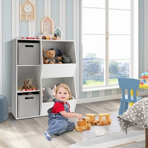 Costway Mobile portagiochi per bambini in legno, Libreria a cubi con 5 ripiani e 2 contenitori di tessuto Bianco