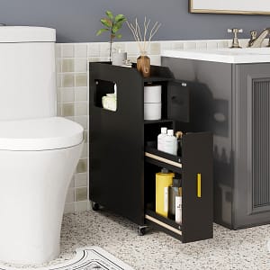 Costway Organizzatore da 16 cm stretto e slim con portascopino e ruote con freno, Mobiletto da bagno piccolo per spazi ridotti Nero