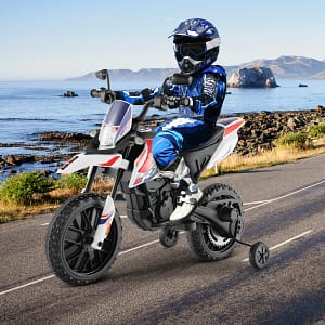 Costway Moto cavalcabile per bambini con licenza aprilia e 2 ruote aggiuntive, Moto elettrica 12V con musica Bianco