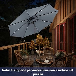 Costway Ombrellone con luci LED da giardino in ferro Ø300cm Parasole da esterno spaggia Grigio