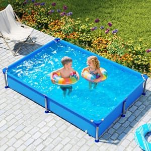 Costway Piscina rettangolare da esterno per bambini dai 3 anni in su con struttura netallica, Piscina fuori terra pareti in PVC robusto Blu