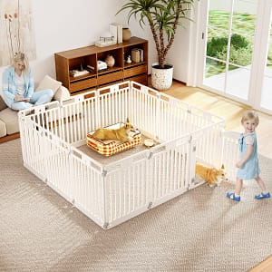 Costway 81 cm Recinto per cani a 6 pannelli con porta di bloccaggio e picchetti da terra, Casa per cani medi e piccoli Bianco