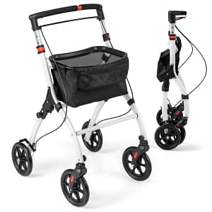 Costway Rollator per anziani con vassoio cesto per la spesa 4 ruote e freni, Deambulatore pieghevole regolabile in altezza Bianco e nero