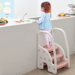Costway Scaletta per bambini con 3 gradini antiscivolo corrimani di sicurezza, Sgabello scaletta per cucina bagno Rosa