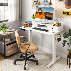 Costway Scrivania elettrica regolabile in altezza con 2 cassetti, Scrivania con supporto per monitor 100 x 60 cm Bianco