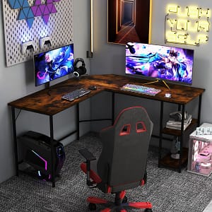 Costway Scrivania per computer a L forma da 138cm, Scrivania da ufficio angolar con telaio in acciaio ripiano rimovibile Marrone