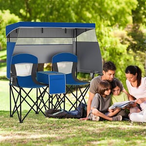 Costway Sedia doppia da spiaggia tende ombreggianti su 3 lati borsa termica, Doppia sedia da spiaggia con tettoia regolabile Blu