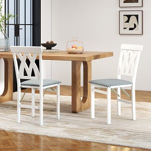 Costway Sedie da cucina senza braccioli rivestite in ecopelle con struttura in legno di gomma, Set di 2 sedie da pranzo pieghevoli Bianco