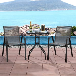 Costway Set bistrot da esterno 3 pezzi, Tavolino rotondo con 2 sedie impilabili piano tavolo in vetro temperato Grigio
