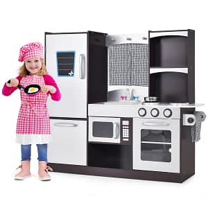 Costway Set cucina in legno per bambini, Cucina gioco con frigorifero giocattolo lavagna forno fornelli a gas 97x30x95cm