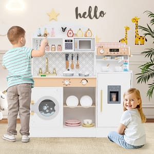 Costway Set cucina per bambini con spazio di conservazione, Cucina in legno per gioco di cucina con accessori Bianco