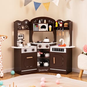 Costway Cucina giocattolo angolare in legno con macchina del caffè, Set cucina con luci e suoni per Bambini 3+ Anni Marrone