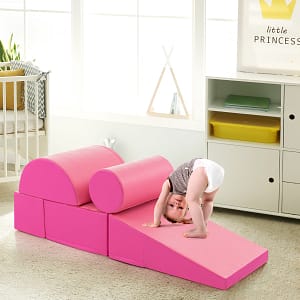 Costway Set di gioco da arrampicata per bambini da 5 pezzi, Strutture di gioco in schiuma impermeabili Rosa scuro