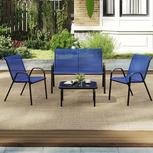 Costway Set da 4 pezzi di mobili per esterni con tavolino in vetro temperato, Set da conversazione all’aperto Blu