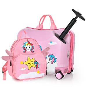 Costway Set di valigie per bambini da 2 pezzi, Valigia con zaino duro e impermeabile con ruote 47×26,5×36,5cm Rosa