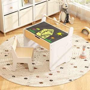 Costway Set tavolo e sedia per bambini con piano rimovibile 2-in-1, Set scrivania in legno con spazio di archiviazione Bianco