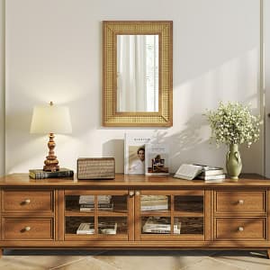 Costway Specchio da parete in rattan con cornice in legno, Specchio decorativo rotondo bohemien da parete 90 x 60 cm