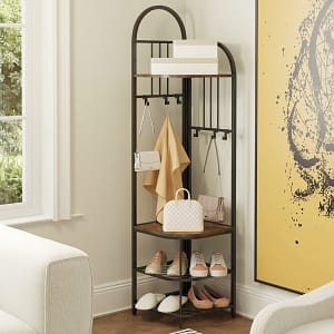 Costway Stendibiancheria 4-Tier con panchina per scarpe, Albero da ingresso angolare Marrone Rustico