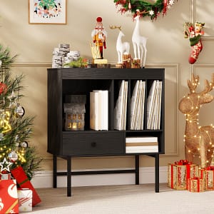 Costway Mobile porta vinili stile moderno del metà secolo con scomparti aperti, Supporto per giradischi per sala musica Nero