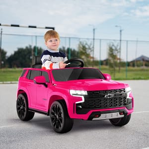 Costway SUV elettrica 12V per bambini con telecomando 2,4G sospensione a molla luci e musica, Chevrolet auto elettrica Rosa