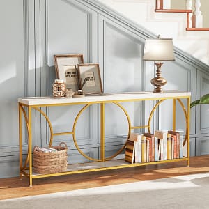 Costway Tavolo console a 2 livelli con superficie in marmo finto, Tavolo console stretto da 180 cm per ingresso Bianco + Oro