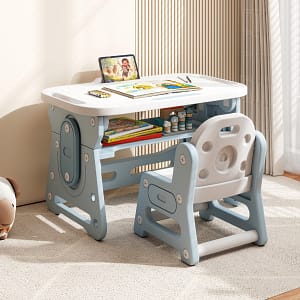 Costway Tavolo da disegno regolabile in altezza per bambini con lavagna inclinabile, Set tavolo e sedia per bambini di 3+ anni Blu