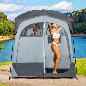 Costway Tenda da doccia a 2 stanze con parapioggia rimovibile borsa per il trasporto, Tenda grande per la privacy Grigio