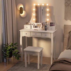 Costway Toilette con specchio illuminato luci 3 modalità di colore luminosità regolabile 5 cassetti, Tavolo da trucco Bianco