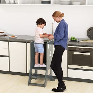 Costway Torre per bambini con 3 penne lavagna bianca e nera piattaforma e gradino regolabili, Sgabello per bambini porta 70kg Grigio