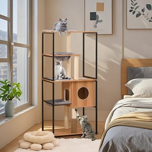 Costway Albero per gatti moderno da interno con struttura in metallo, Torre per gatti multilivell con tiragraffi Naturale