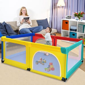 Costway Box per bambini con cancello extra large e rete traspirante, Centro attività portatile per interno Colorato