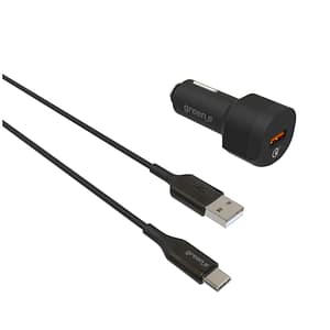 GREEN-E GR7234 – Kit di ricarica rapida per auto dal design ecologico con 1 caricatore USB Quick Charge 18W e cavo USB-C a USB da 1,30 m – nuovo
