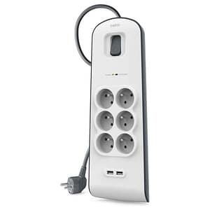 Belkin – BSV604ca2M – Multi Outlet/Lightning Arrester 6 uscite con 2 porte USB integrate – Cavo da 2 m – Bianco (Protezione fino a 650 joule) – nuovo