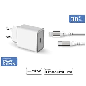 Caricabatterie da casa 30W Power Delivery Garanzia a vita + Cavo bianco USB C/Lightning – 100% plastica riciclata Force Power Lite – nuovo