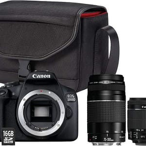 Fotocamera reflex Canon EOS 2000D con obiettivi EF-S 18-55 mm e EF 75-300 mm, borsa e scheda di memoria SD da 16 GB -Ricondizionato – Ottime condizioni