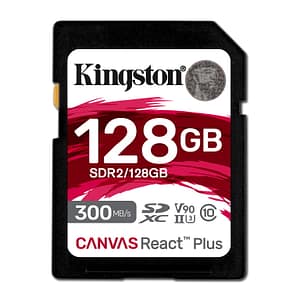 Tecnologia Kingston 128 GB Canvas React Plus SDXC UHS-II 300R/260W U3 V90 per Full HD/4K/8K – nuovo
