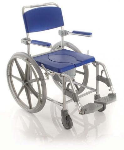 Carrozzina per wc e doccia – 2 ruote posteriori grandi 60 cm e due ruote frontali piroettanti da 12 cm