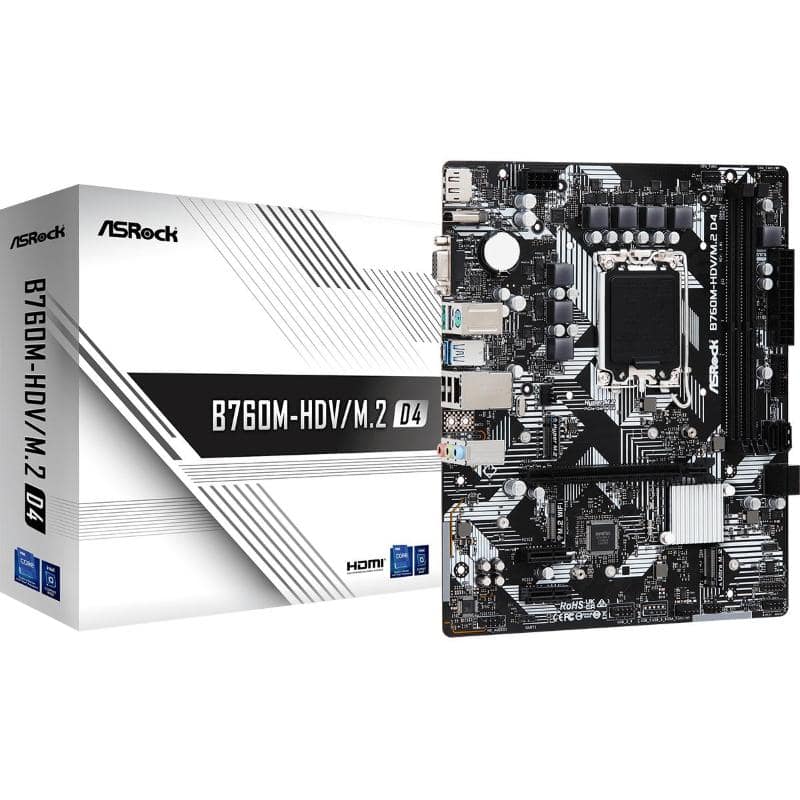 Asrock b760m-hdv/m.2 d4 intel b760 lga 1700 micro atx 1xpcie4.0x16 hdmi dp d-sub 4xsata3r m.2 usb3.2 gblan