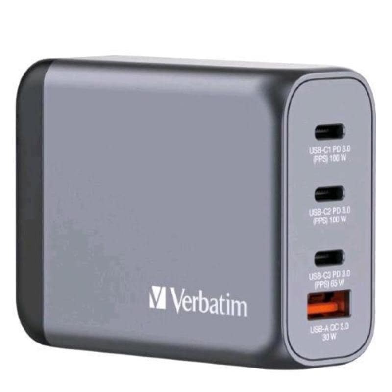 Verbatim gnc-100 gan charger caricabatterie da rete 100 w 4 uscite 1 x usb-a 3 x usb-c grigio
