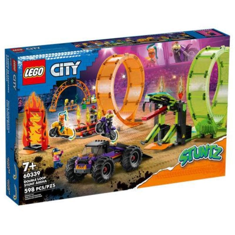 Lego city stuntz arena delle acrobazie, monster truck, moto giocattolo carica e vai con minifigure