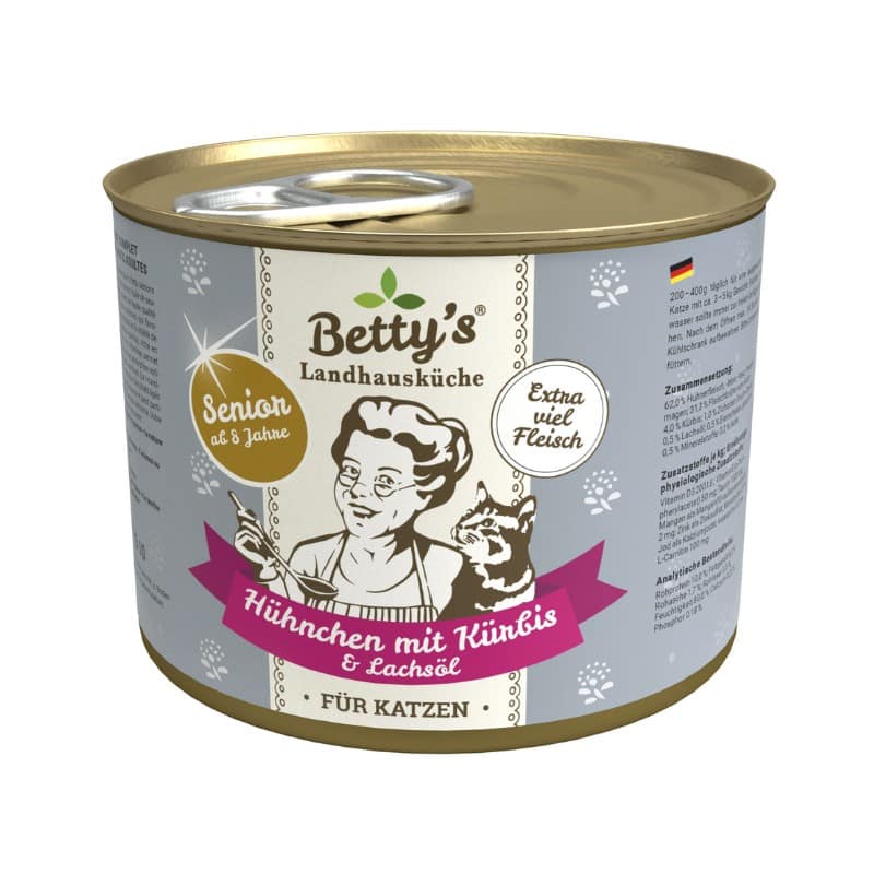 Betty’s Landhausküche Senior Pollo e Zucca con Olio di Salmone Umido per Gatti – 200 g, Singola